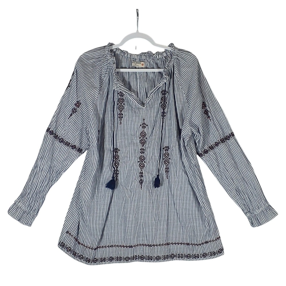 Ruff Hewn Womens Sz 1X Blue White Striped Embroidered Tassel Peasant Top Boho